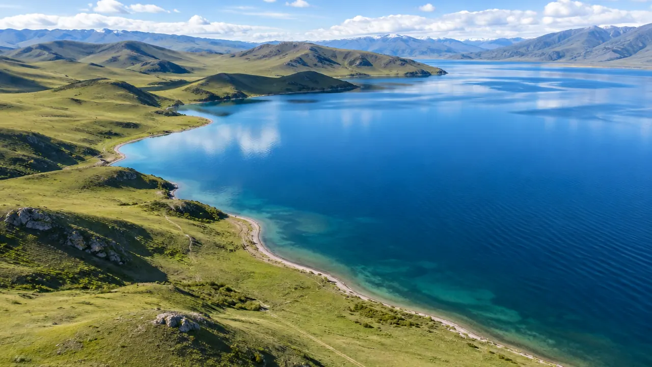 高原湖泊与丘陵起伏的航拍纯场景