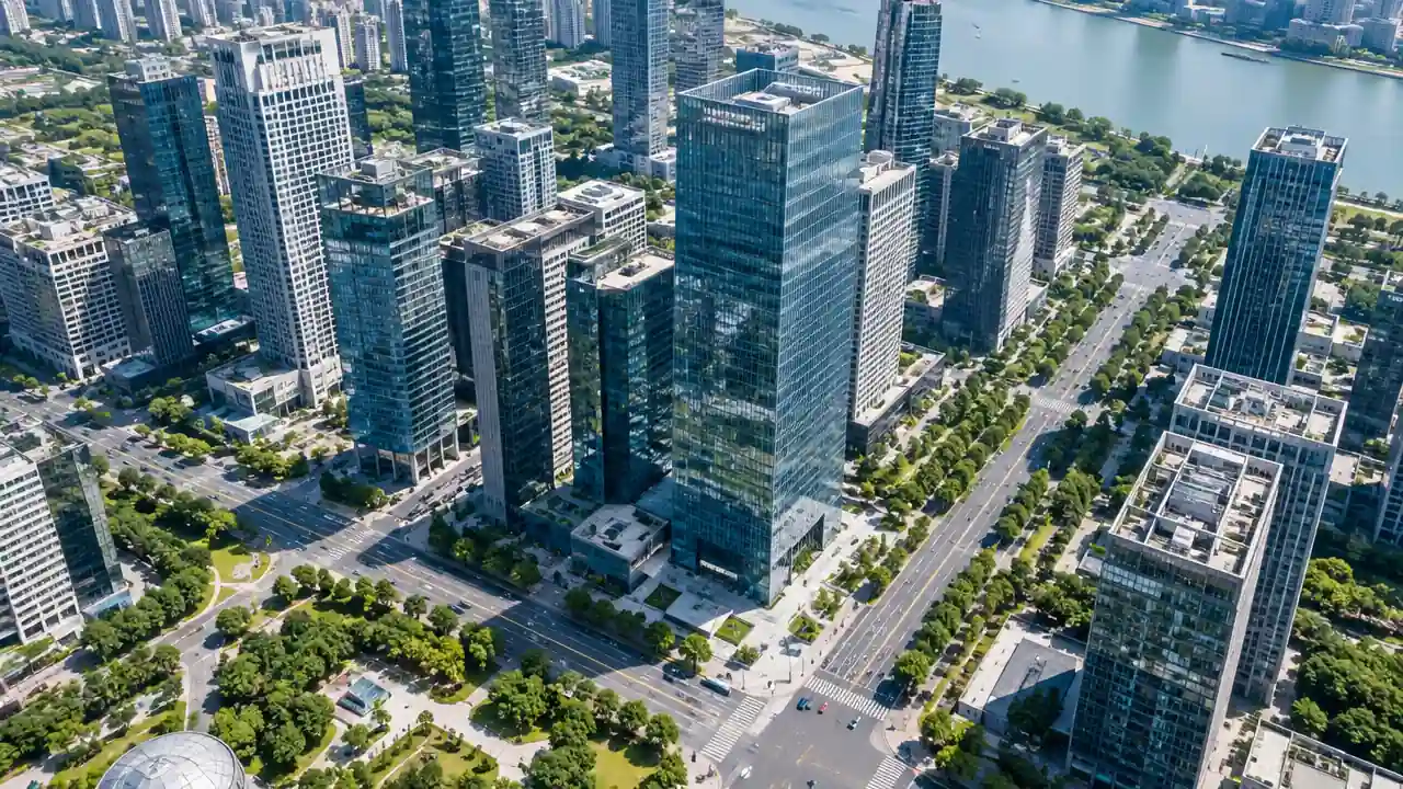 现代商务区高层玻璃幕墙楼群与主干道的斜俯航拍场景