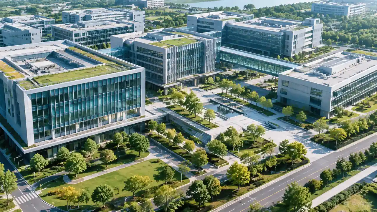 科技园区航拍场景,研发楼群、中庭广场、连廊与园区道路布局规整