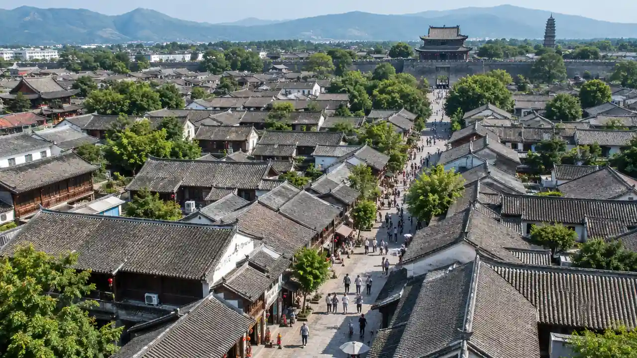 古城街巷与远处楼阁的航拍俯视
