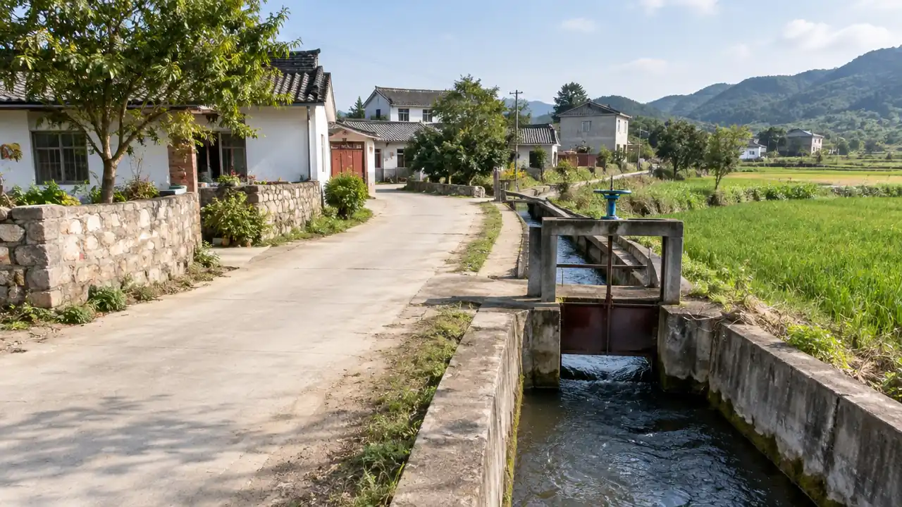 村旁水渠与小型闸堰近景