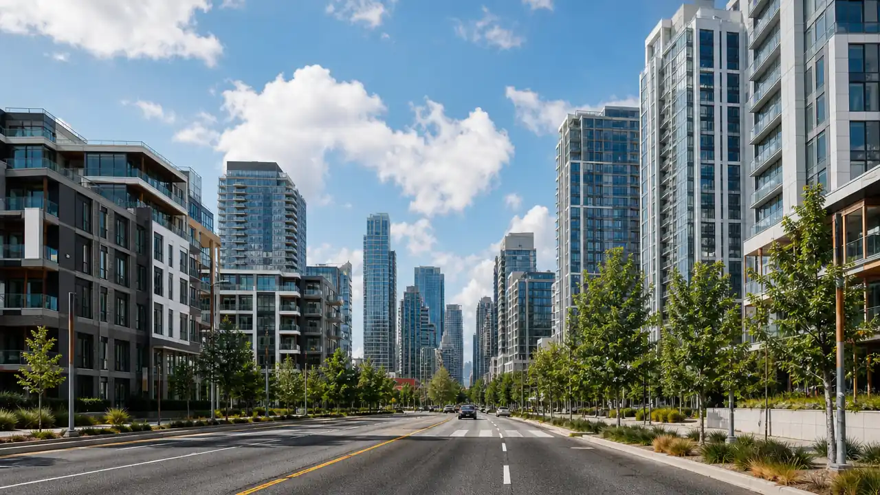 高层建筑与城市道路的街景