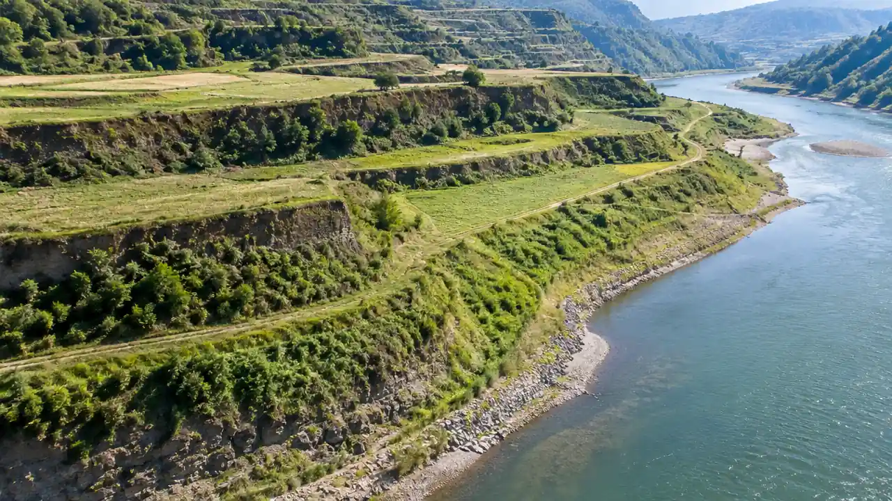 河谷台地与岸线阶地的斜俯航拍场景