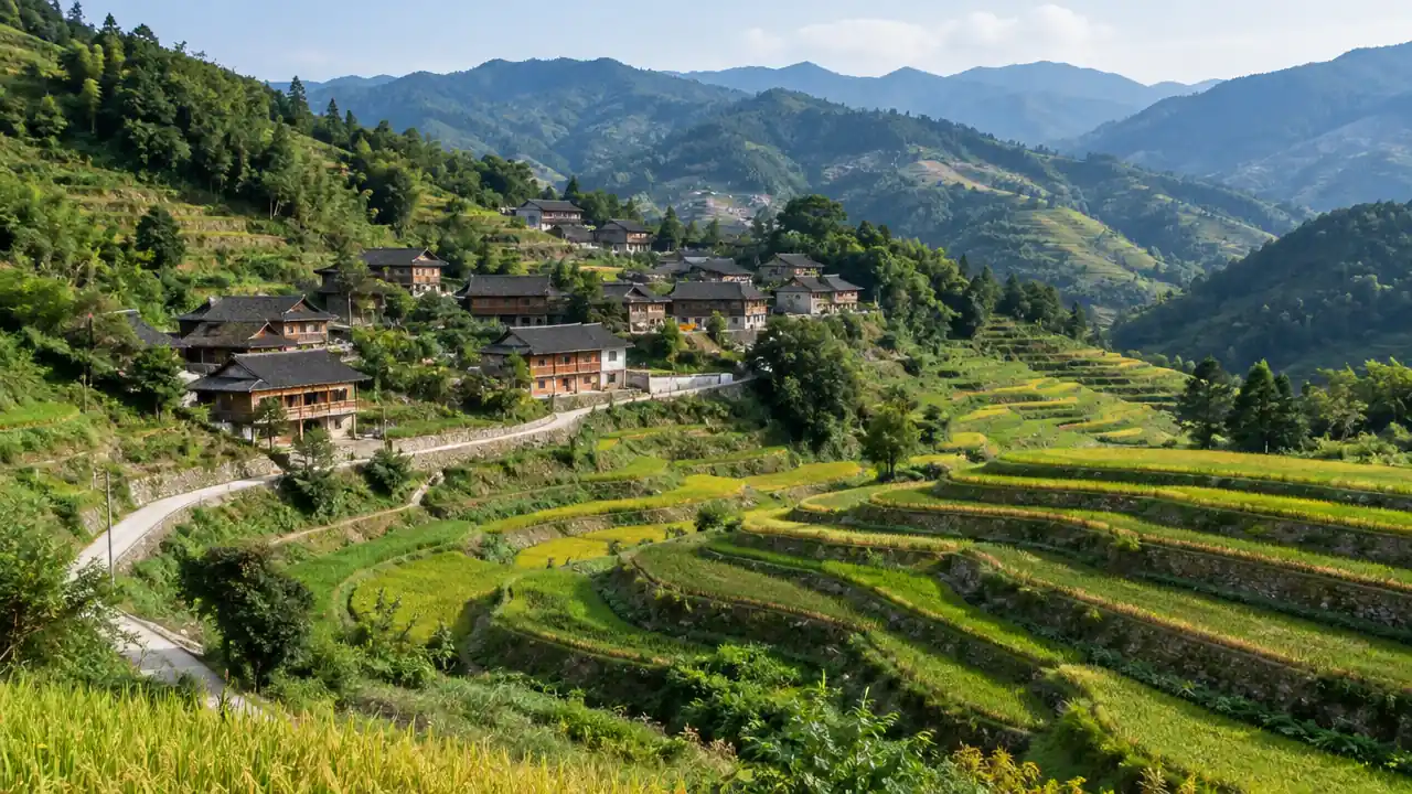 山地村落与梯田植被的低空视角场景