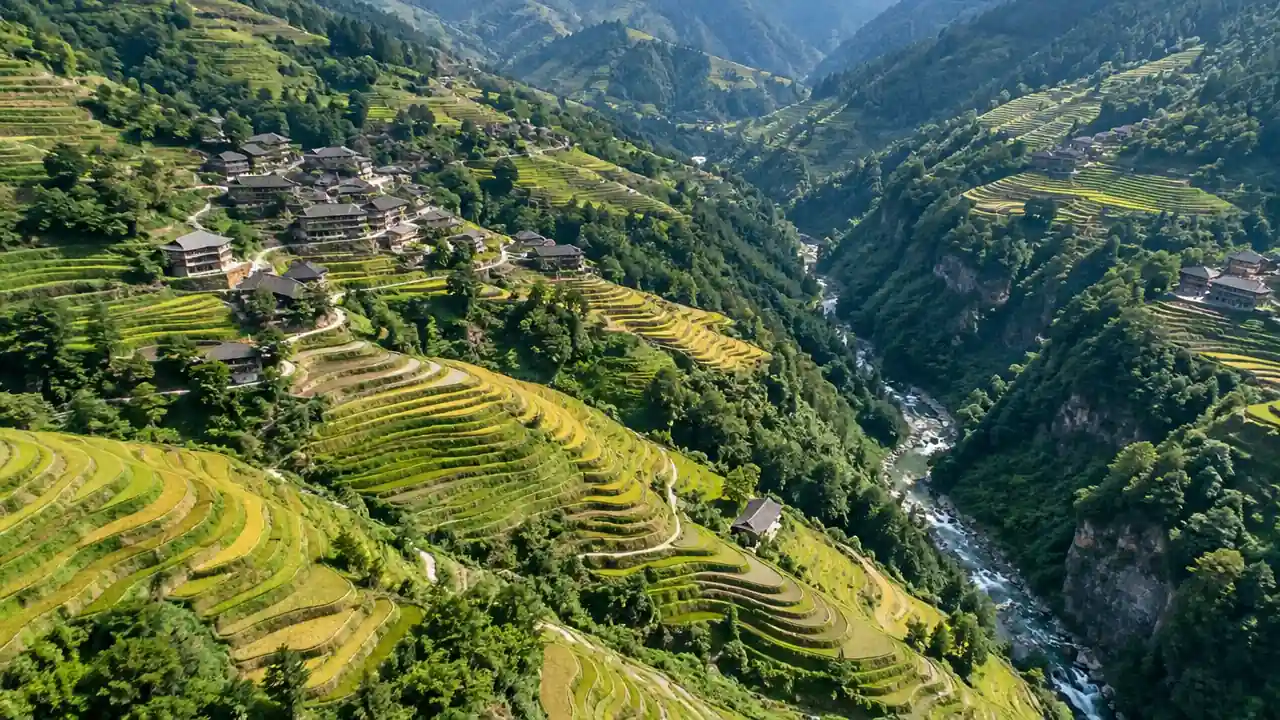 山区梯田与沟谷交错的航拍纯场景