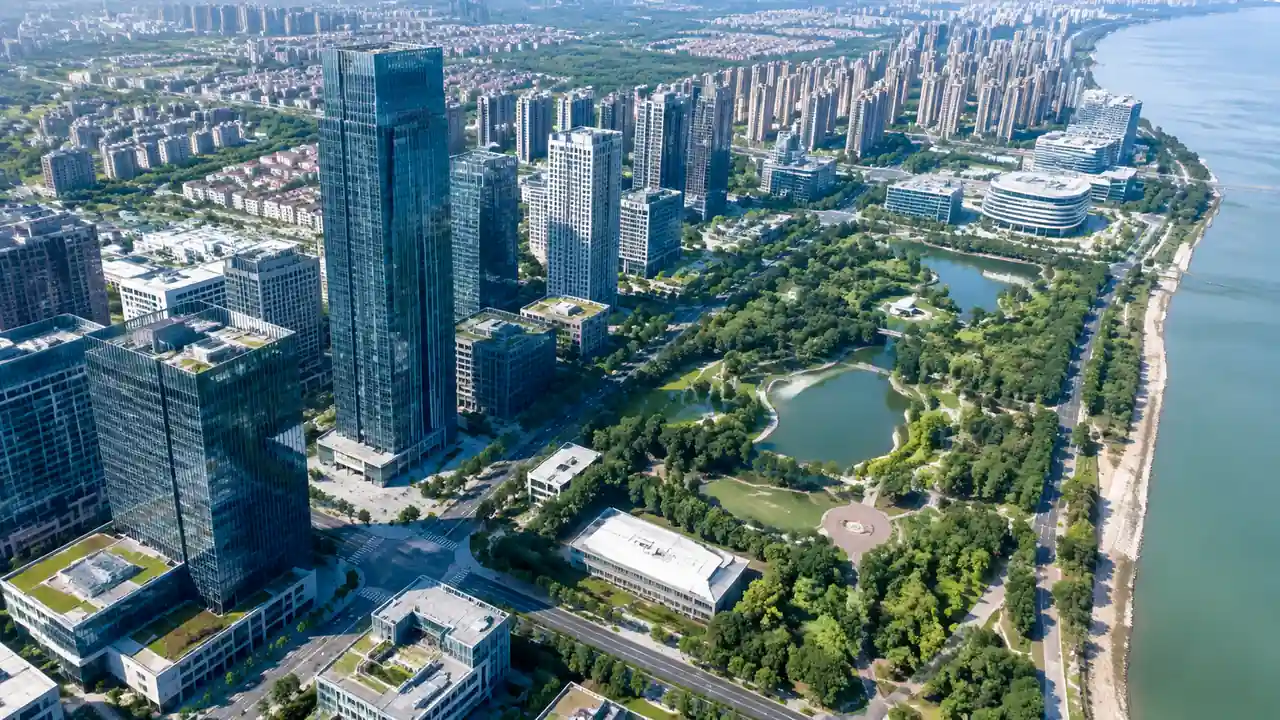 航拍视角下的城市三维实景模型区域,建筑、道路与绿地在自然光下呈现