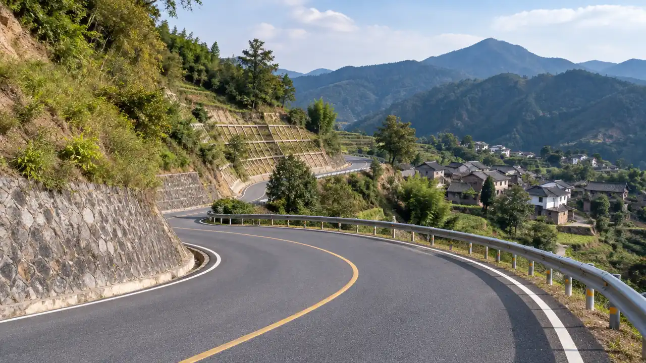 山地公路穿过坡地与村落的低空视角场景