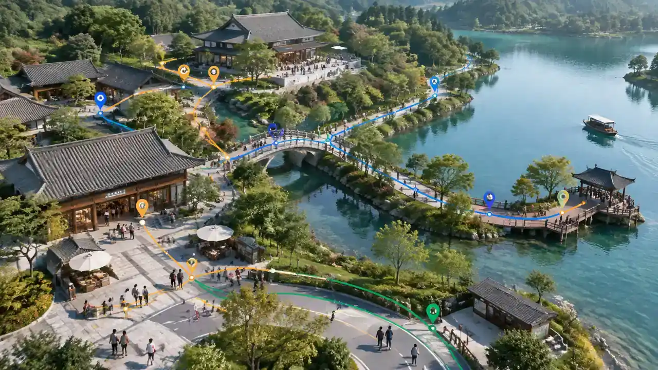 湖畔仿古建筑与游客步道近景