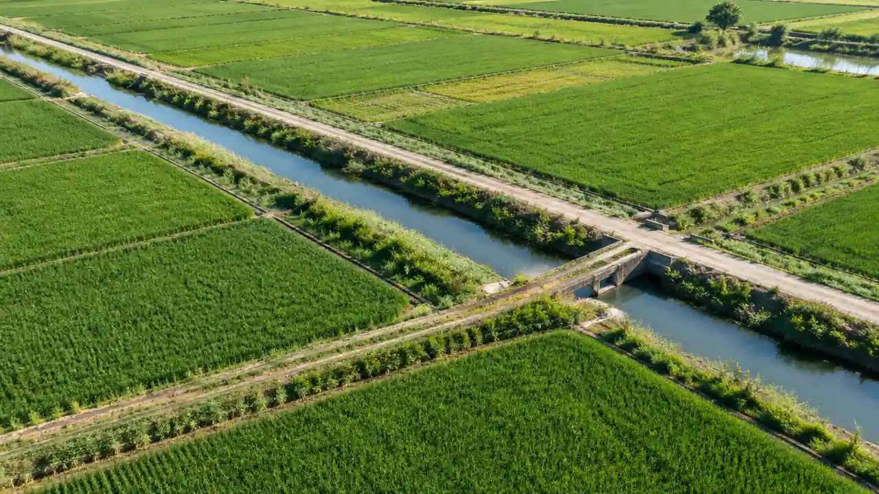 田块与沟渠交错的斜俯航拍场景