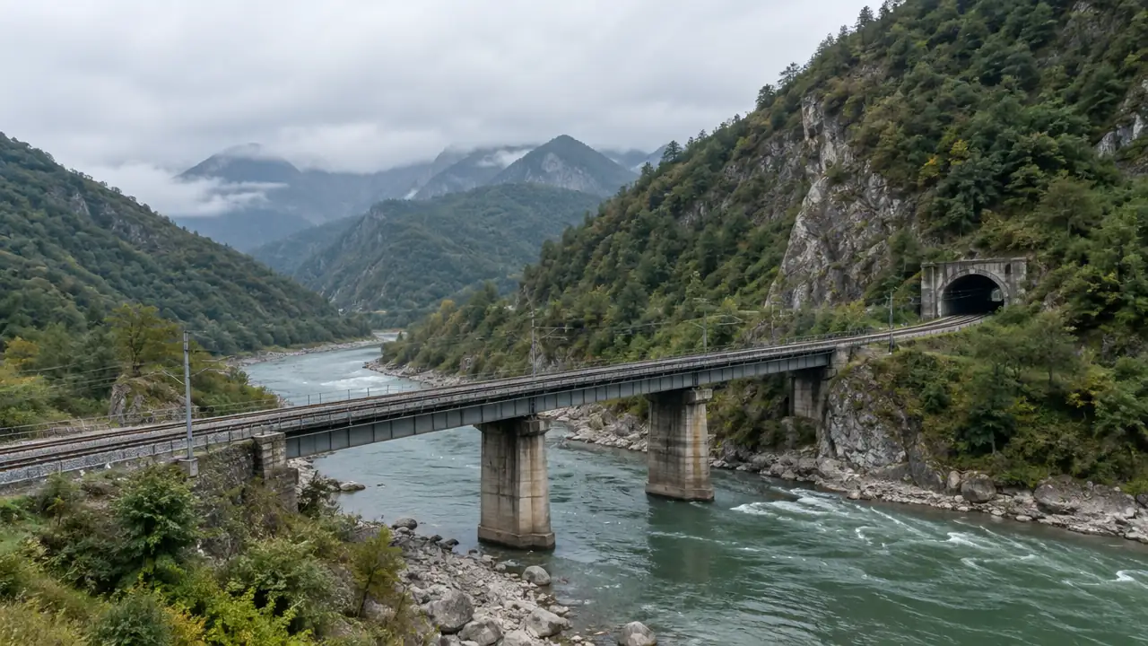 山间铁路与桥隧相连的低空视角场景