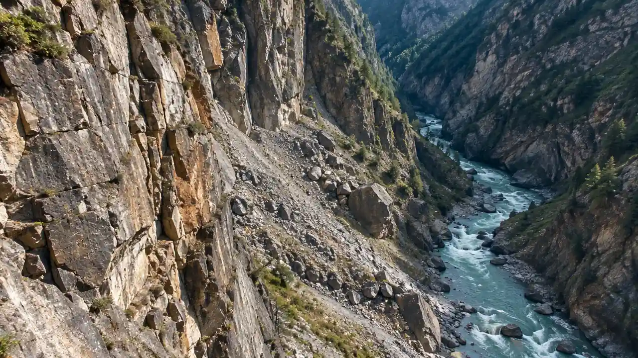 陡峻山体与深切河谷的斜俯航拍场景