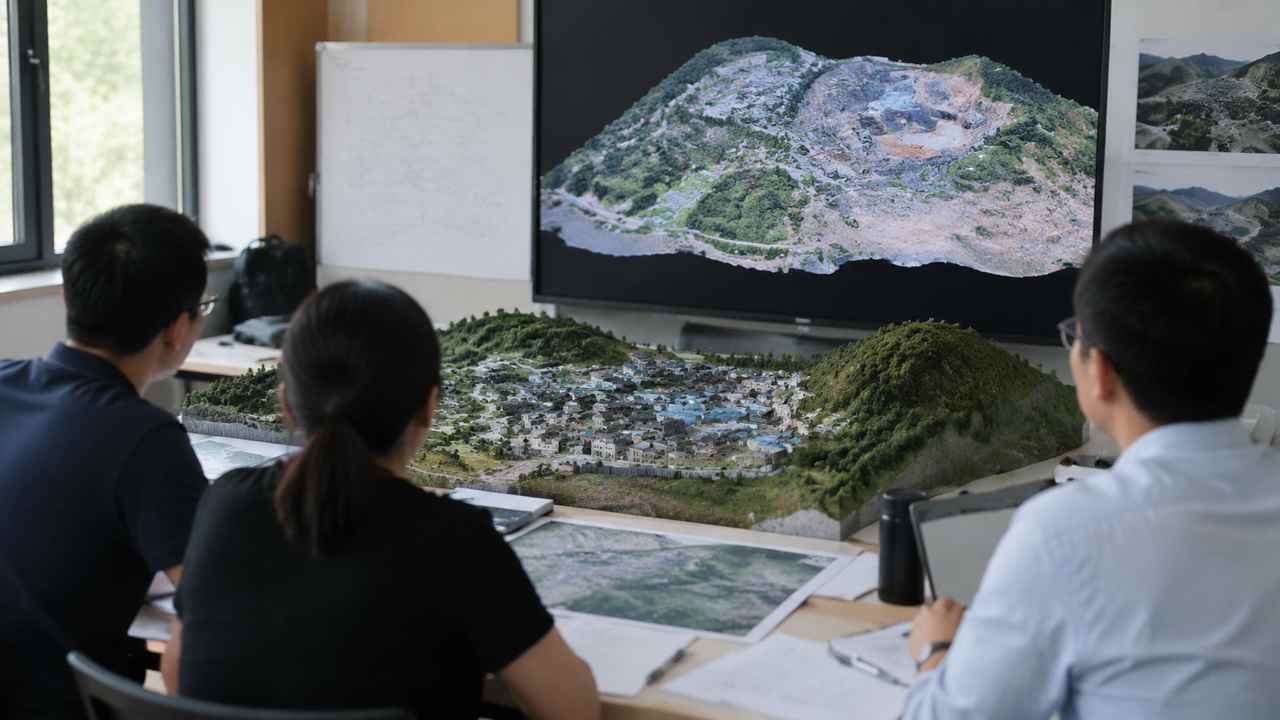 工程师在屏幕前讨论地形模型