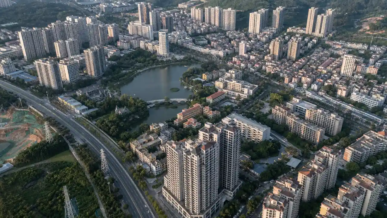 密集城区建筑、道路与绿地的航拍