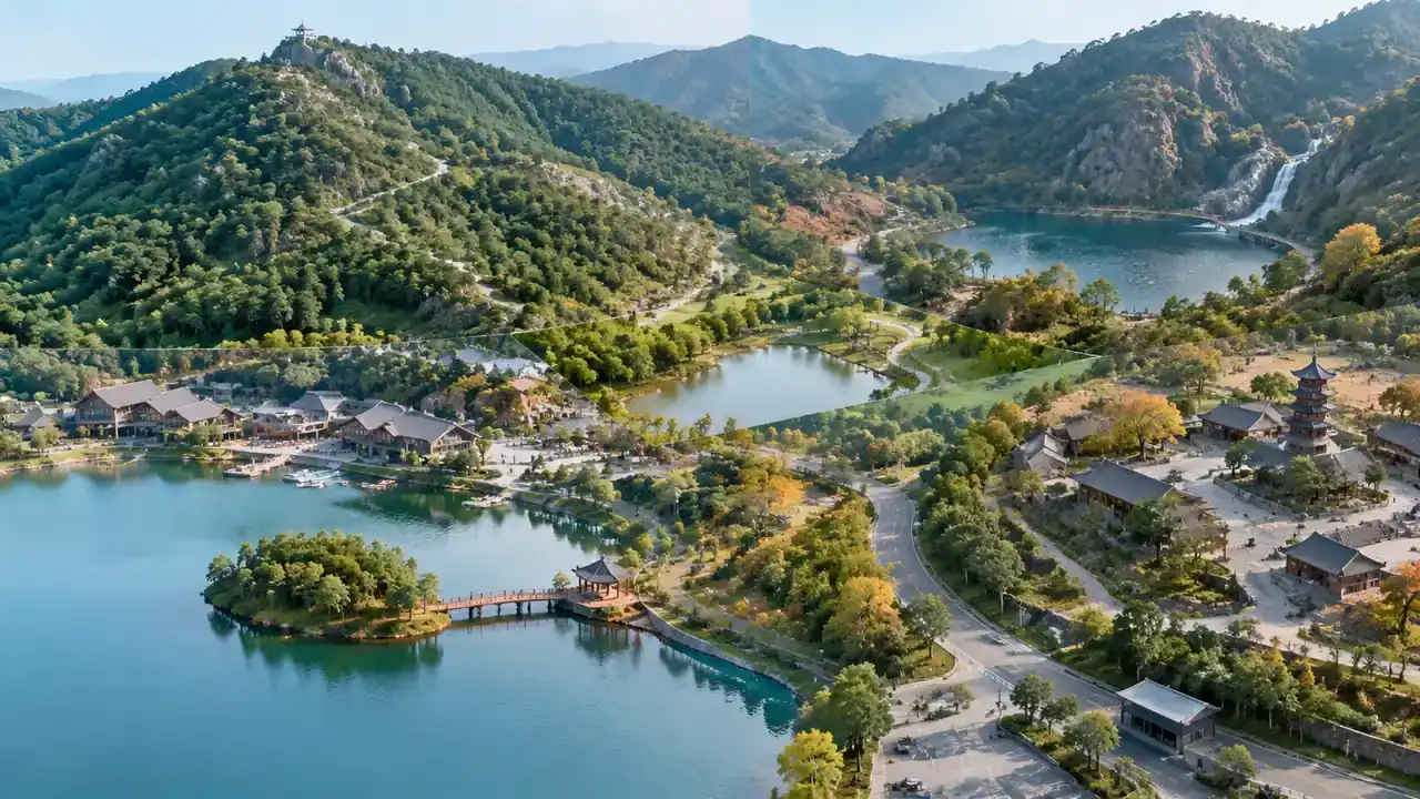 湖心岛与山峦的近景