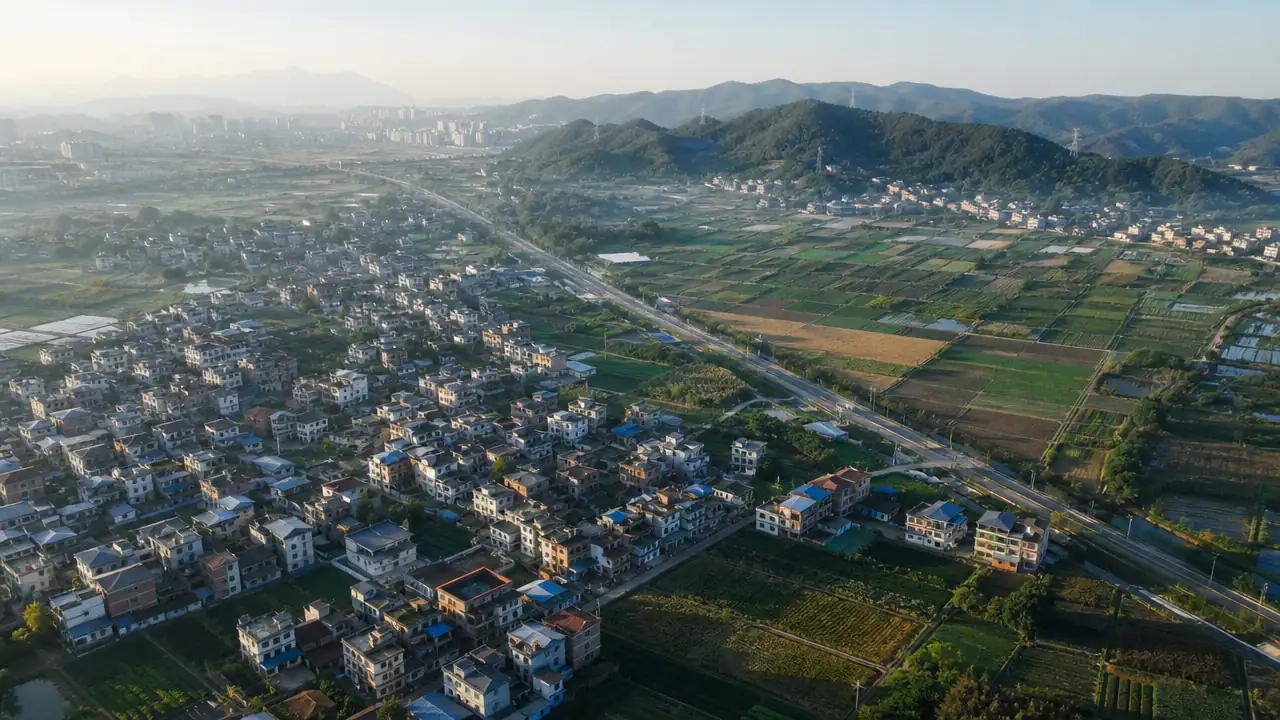 航拍视角下的城市与农田交界地带，建筑群、道路与起伏地形构成连片的三维场景