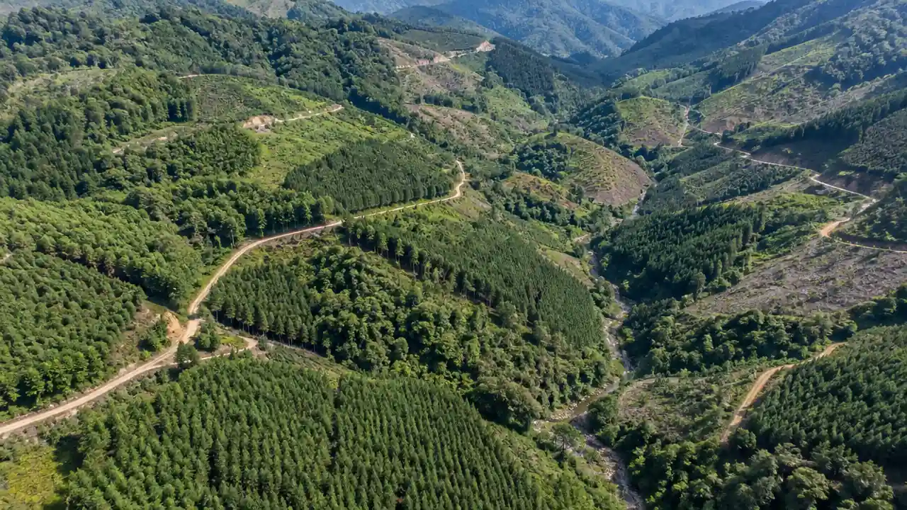 层叠山峦覆盖茂密森林，山路蜿蜒