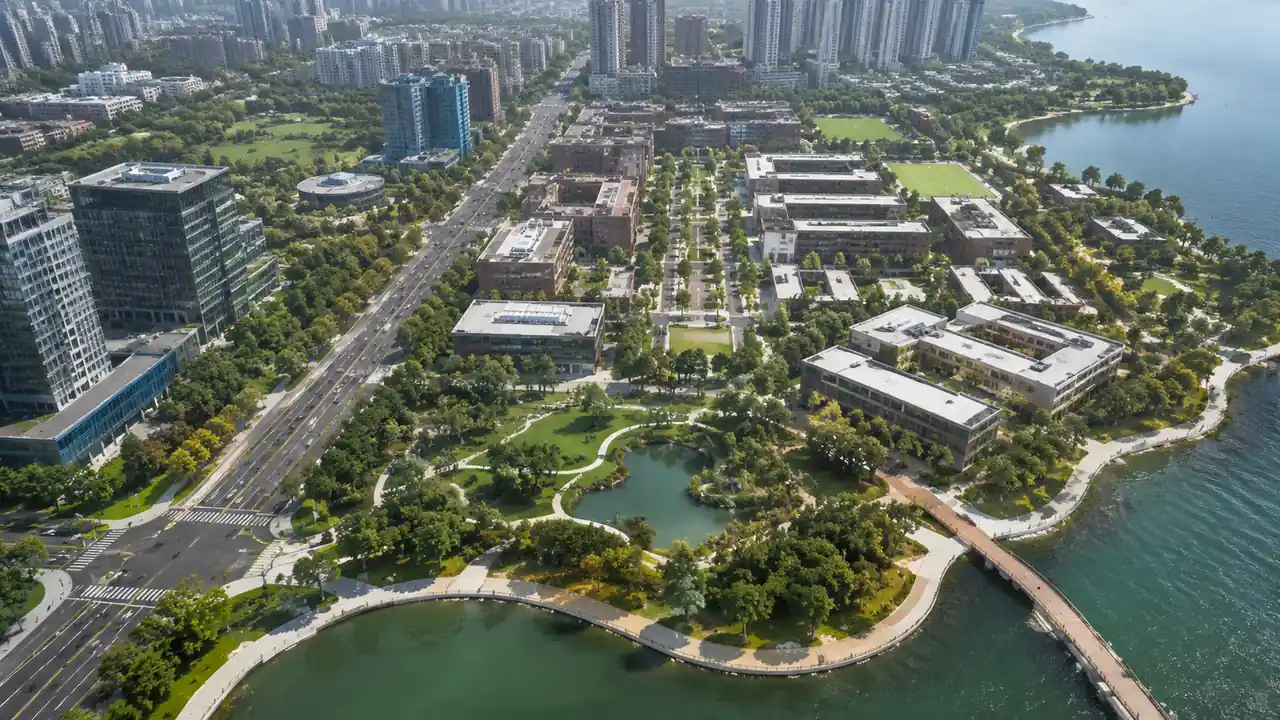 滨河园区建筑群与绿地航拍