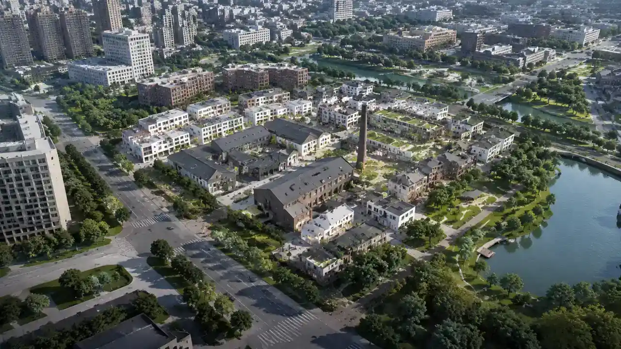 新旧建筑交错的老城滨水区航拍