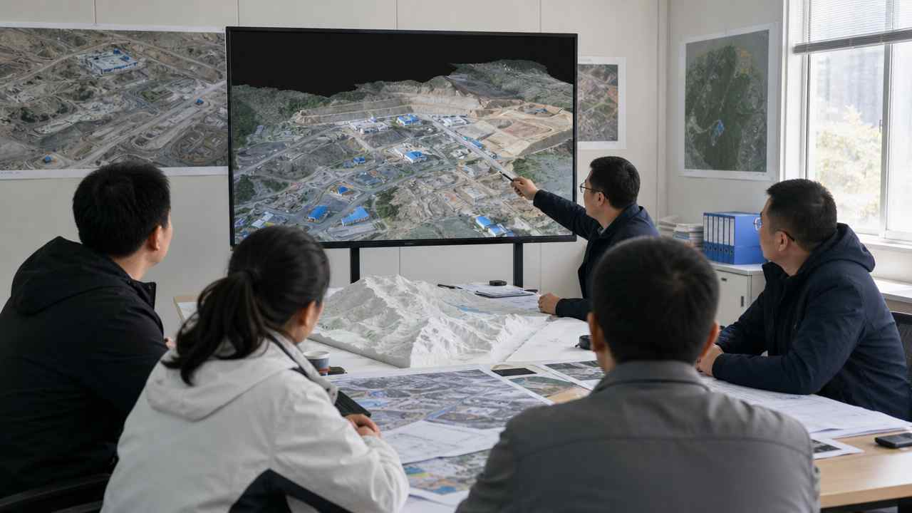 围桌讨论地形三维大屏的人员