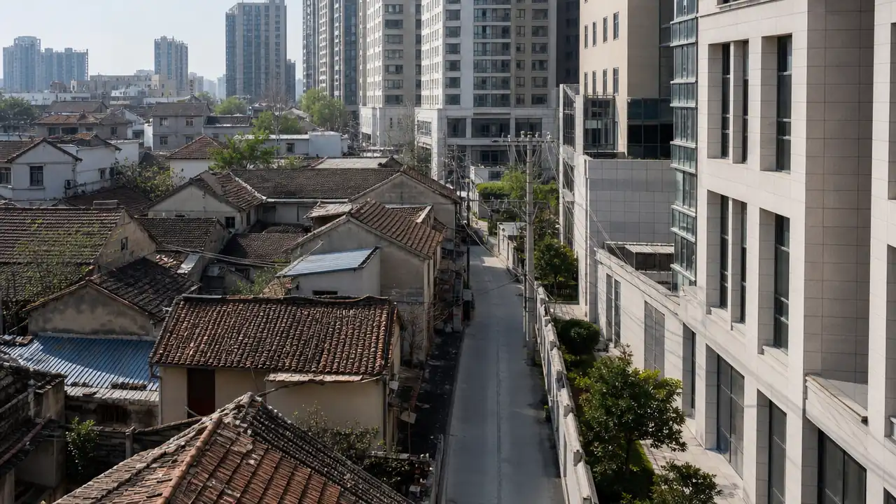低空斜拍下的新旧街区交界处，不同年代的屋顶、立面与街巷尺度形成明显对比