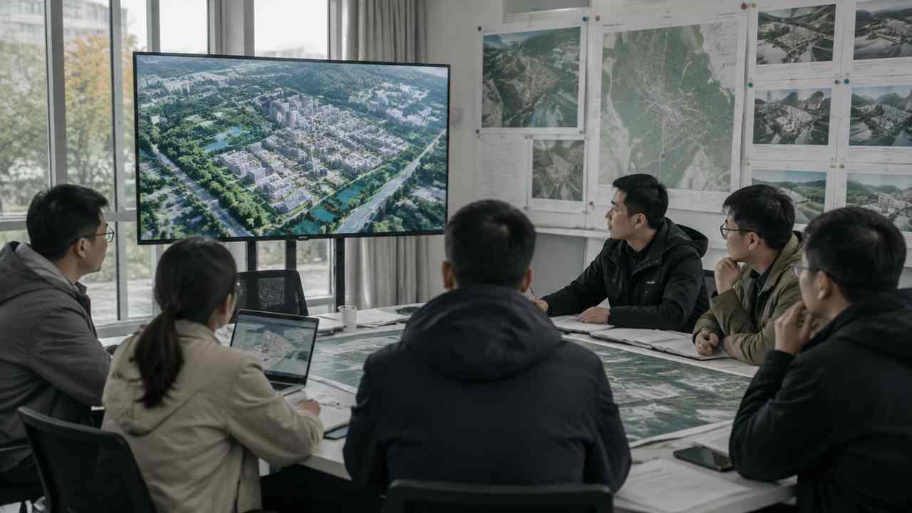 众人观看城市模型大屏并讨论