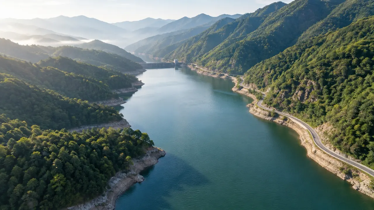 山间水库与周边山体的航拍纯场景