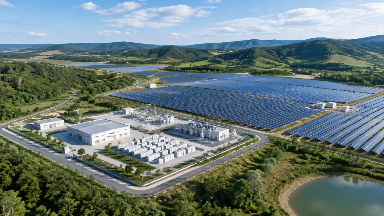 水库沿岸的光伏阵列与厂区建筑鸟瞰