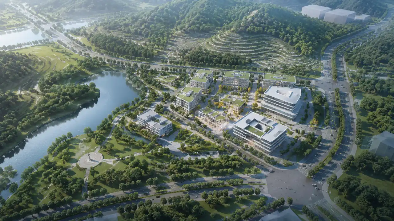 滨水文化建筑群与绿地、步道的航拍全景