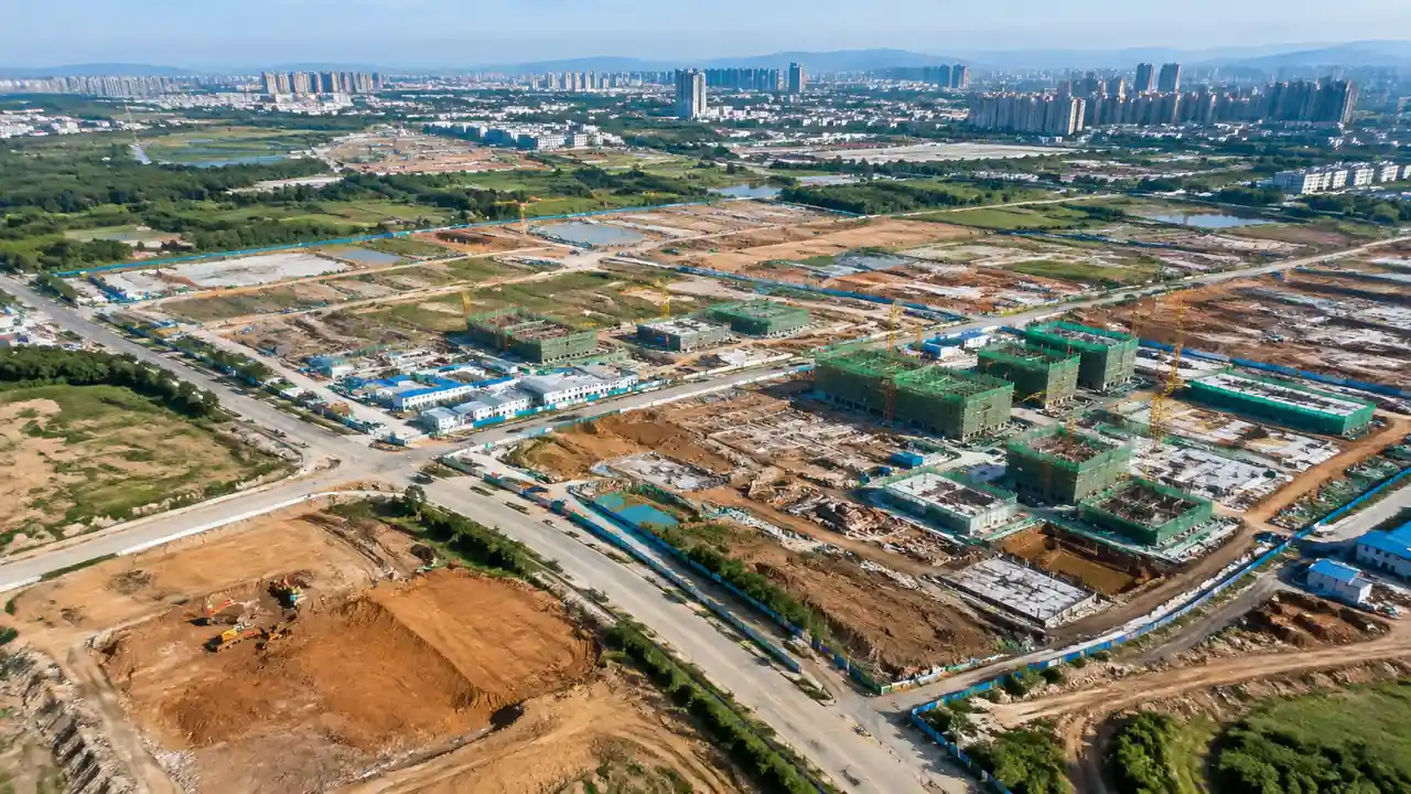 城市外围开发区航拍:成片在建地块、临时道路与远处城区轮廓