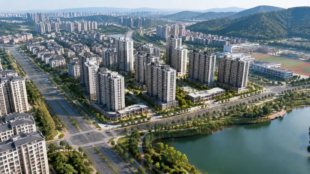 城市住宅片区、道路与绿地的航拍