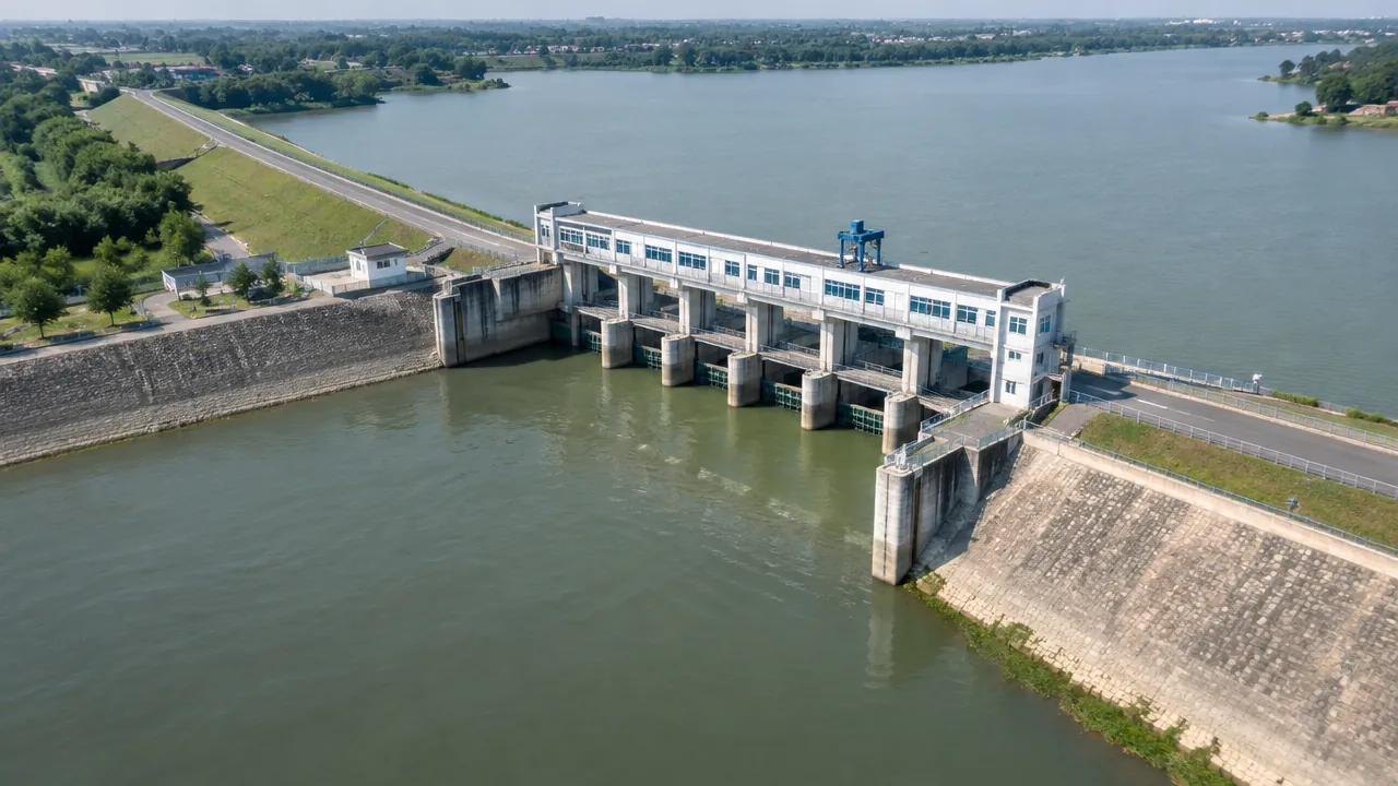 堤防与闸站的低空斜拍场景,河堤、闸门设施、护坡与巡查道路清晰可见