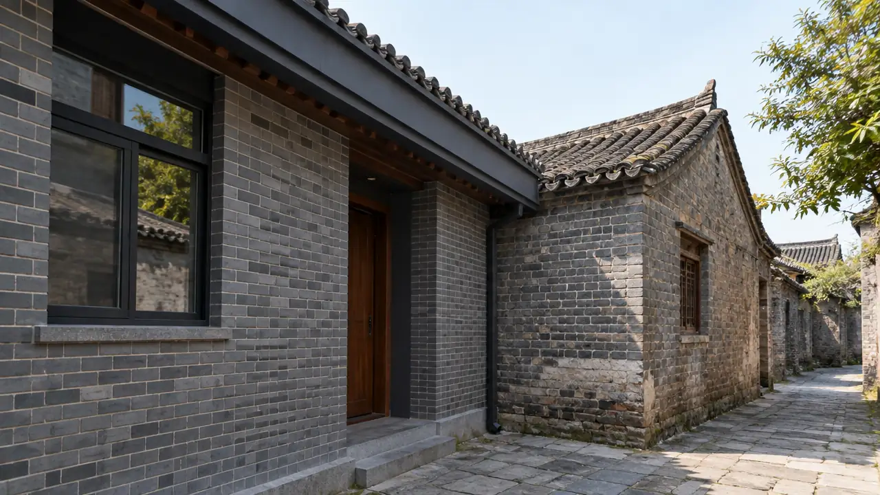 青砖老建筑外墙与窄巷的平视近景