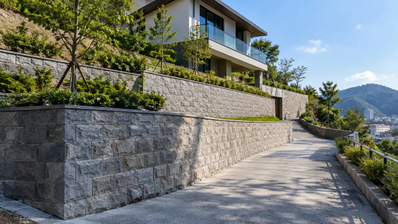 坡地建筑与挡土墙结构的低空视角场景