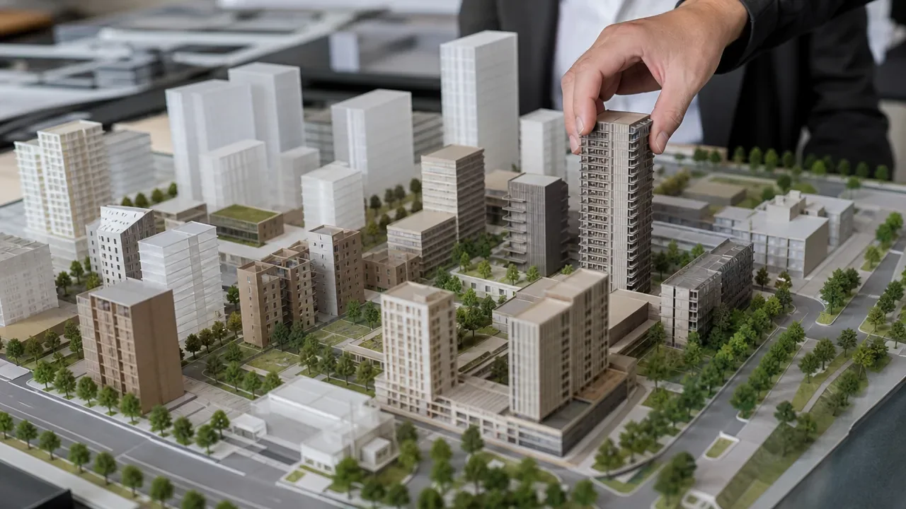 手放高层建筑模型的沙盘场景