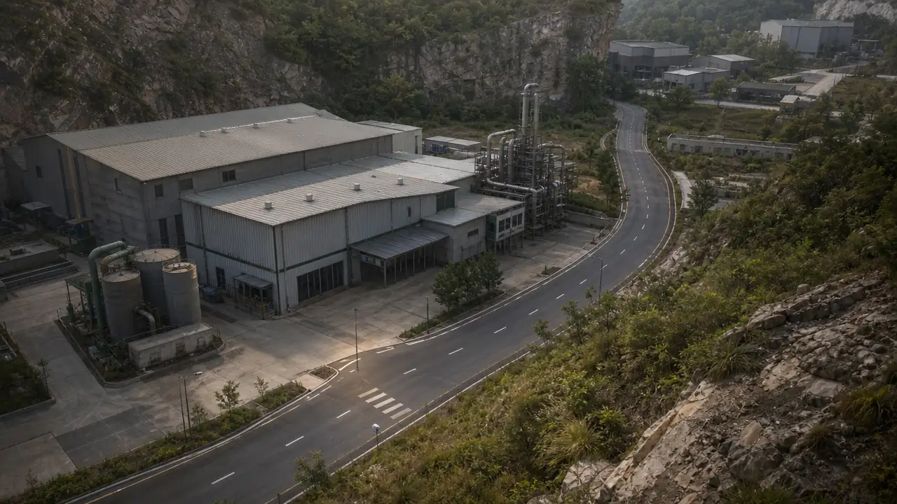 山脚厂房与公路的俯瞰场景