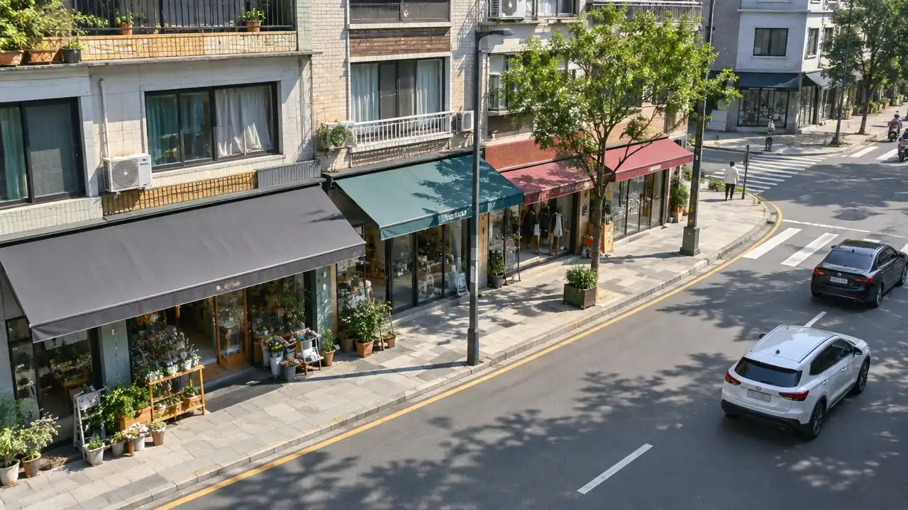 镇区街道低空斜拍:沿街店铺、车流与人行街面