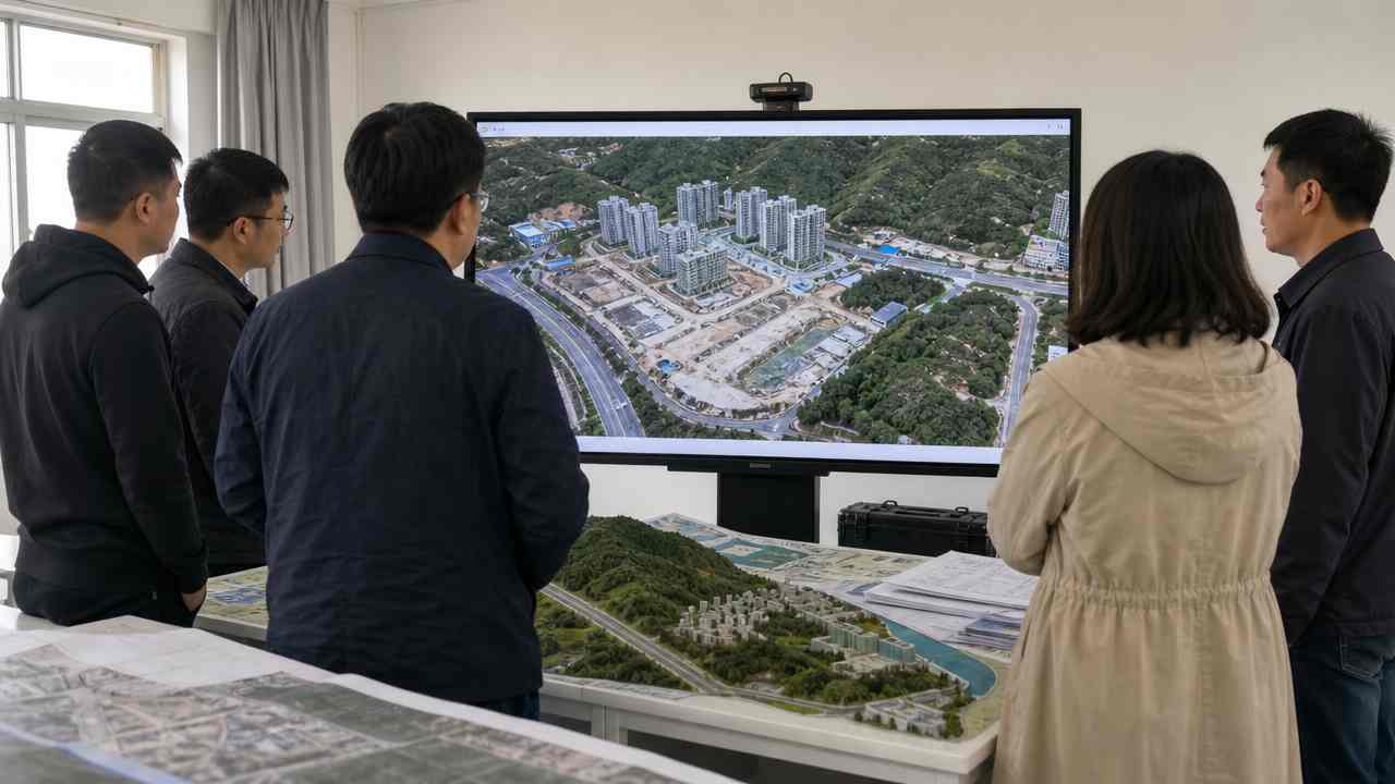 人员在屏幕前查看城市三维画面