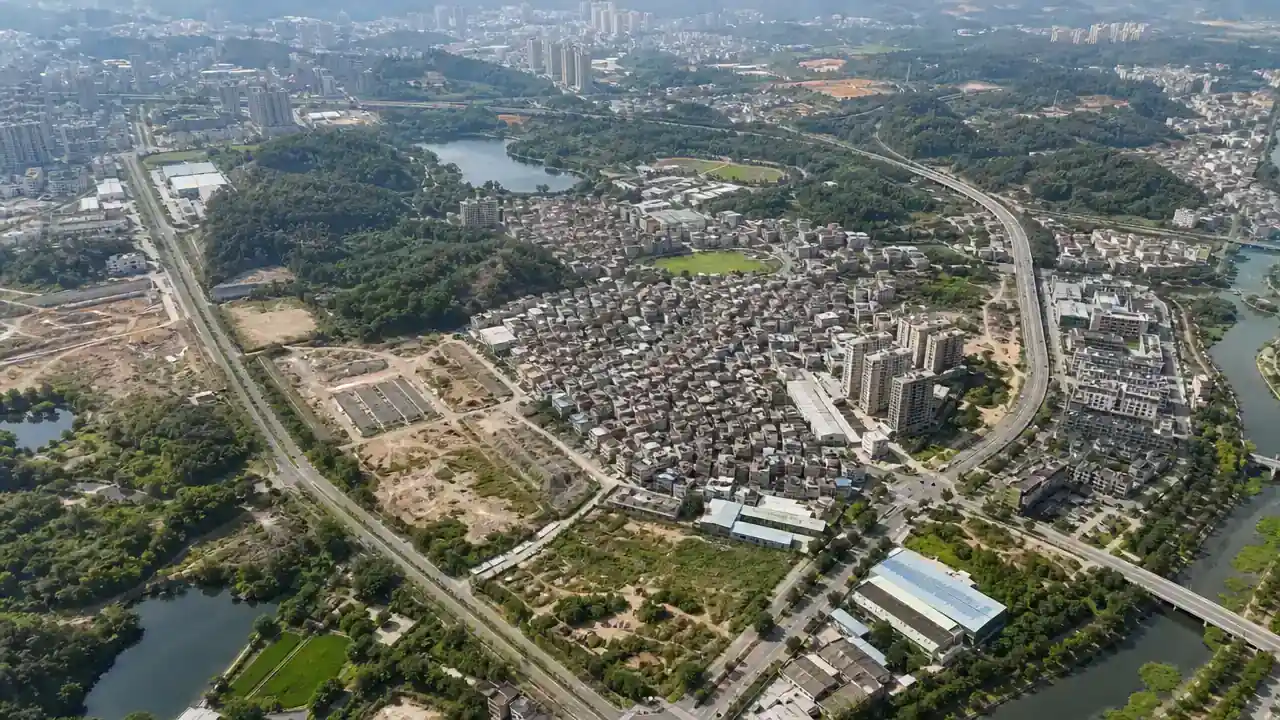 老旧街区与厂房片区的航拍全景，河道与道路穿过城区