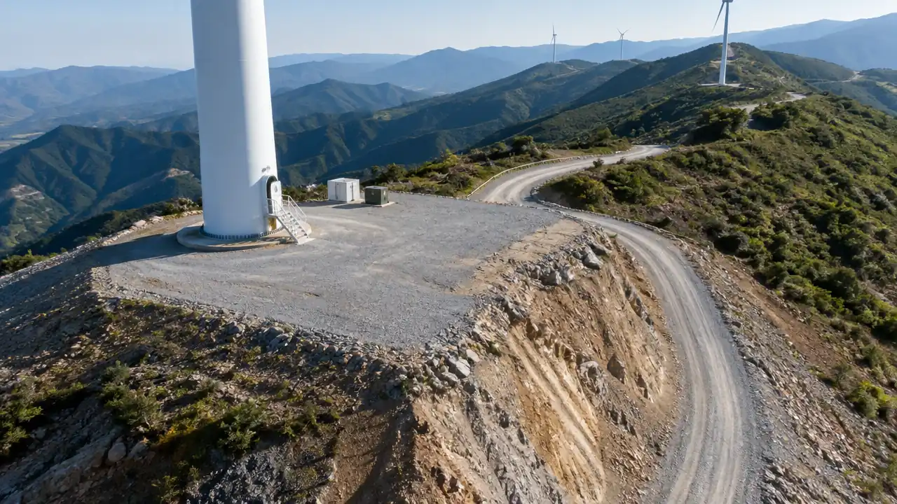 山地风电平台与检修道路的斜俯航拍场景