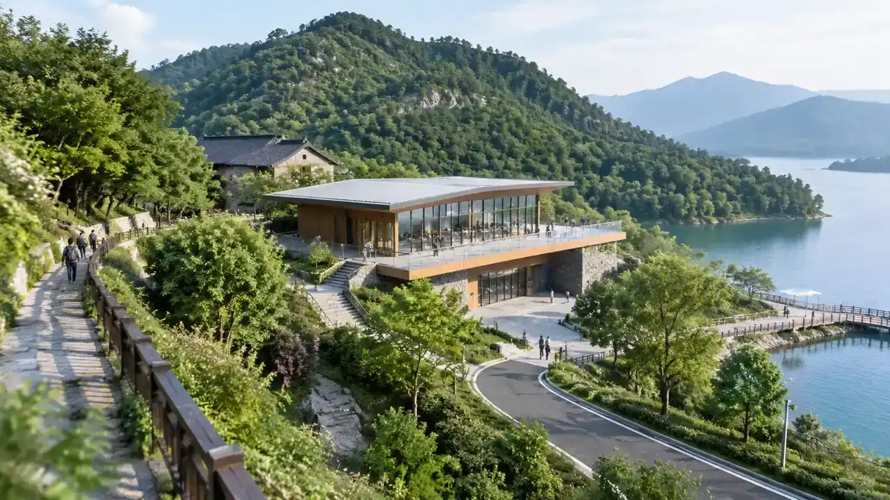 山间步道旁的现代观景亭