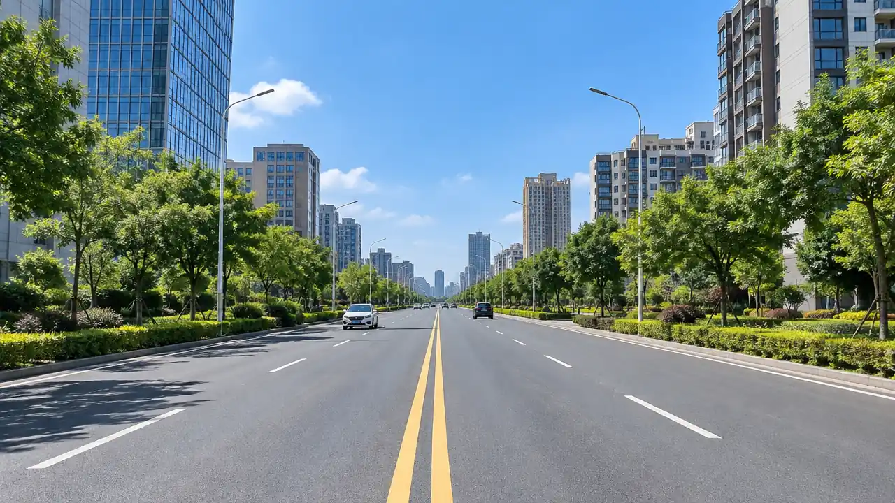 城市干道人视场景,双向车道、路灯、绿化与两侧楼宇构成完整的城市道路空间
