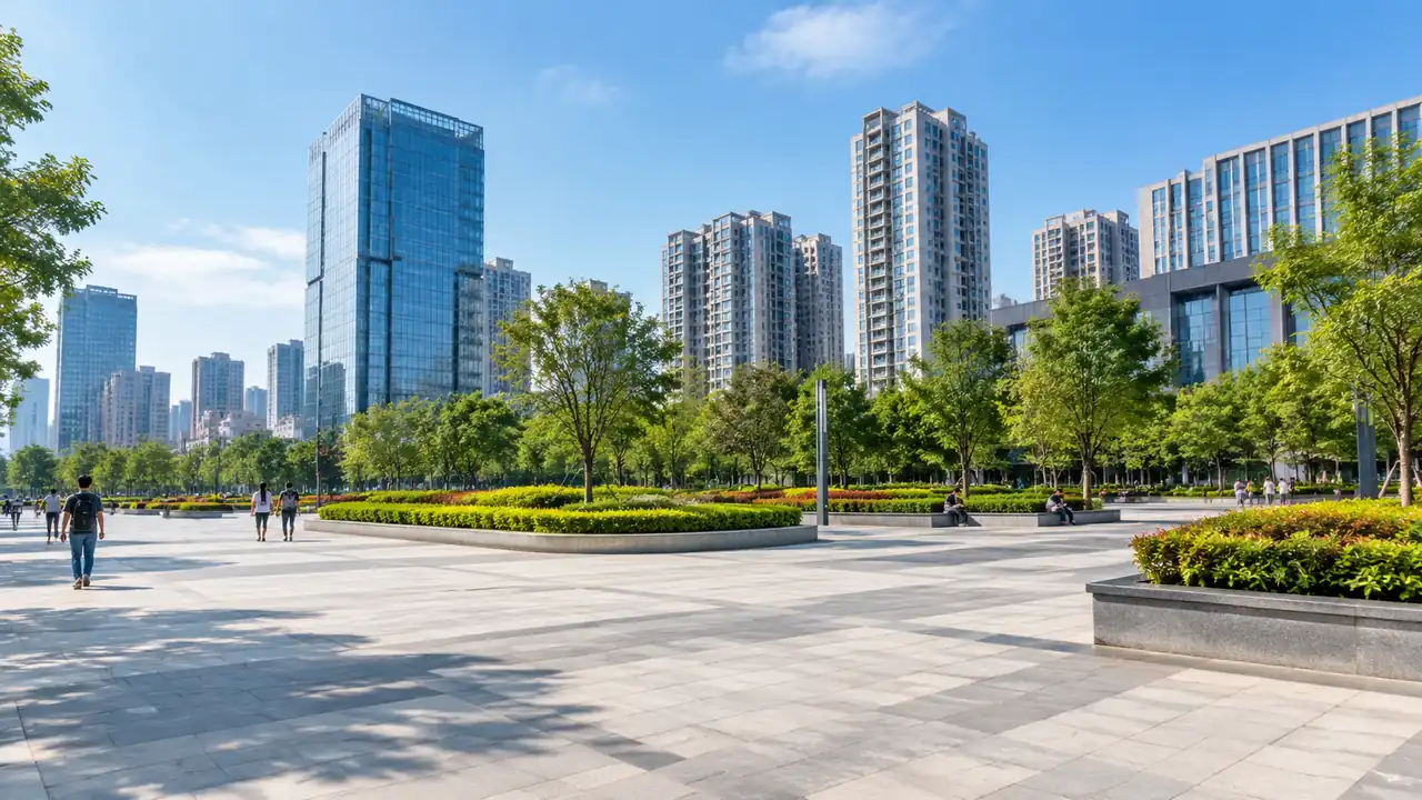 城市广场人视场景,铺装广场、绿化带与周边楼群立面构成开阔的街道空间