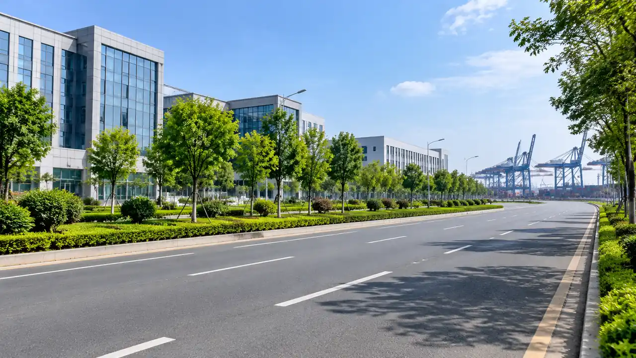 港区道路人视场景,港区主干道、绿化带与办公楼立面构成整洁的作业环境