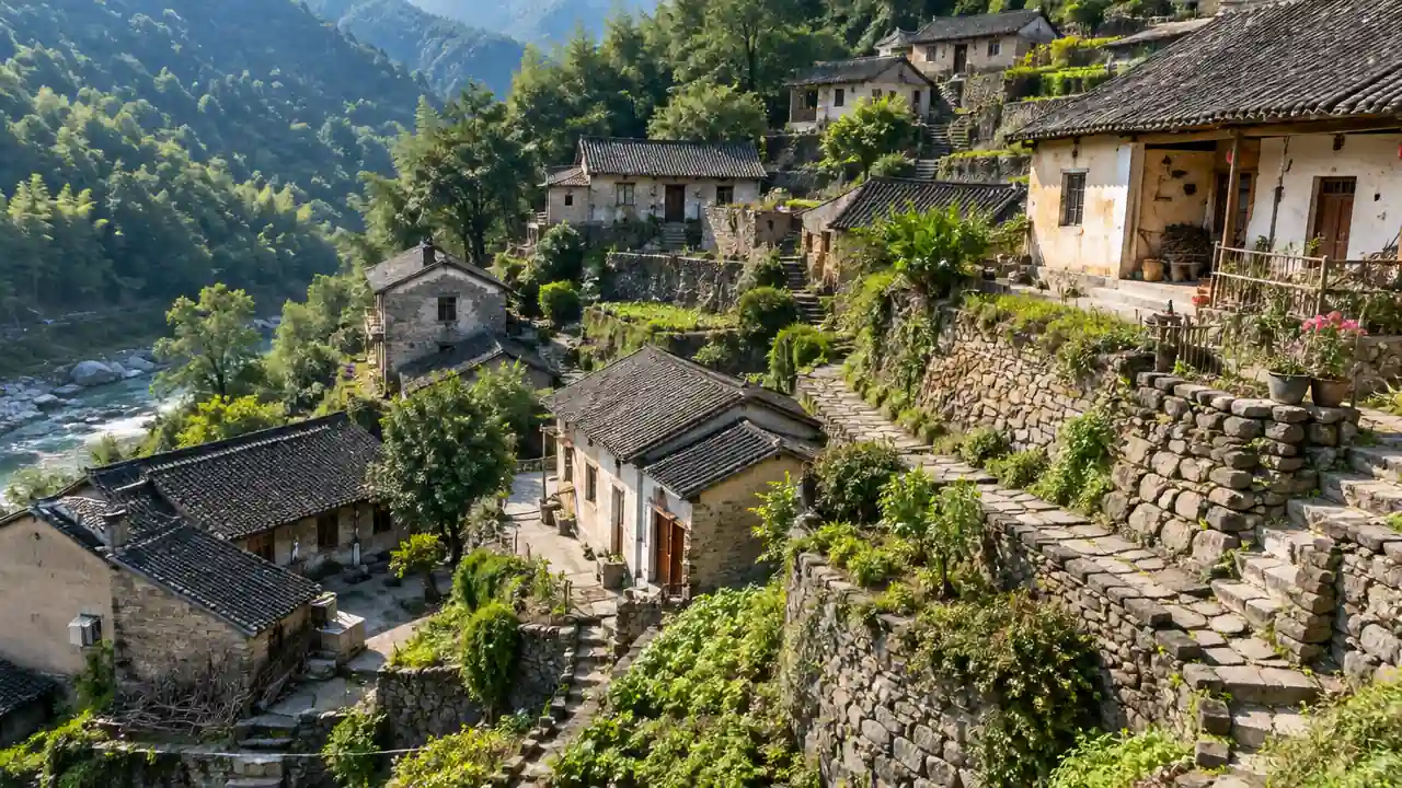 山脚村庄与坡地建筑群的斜俯航拍场景