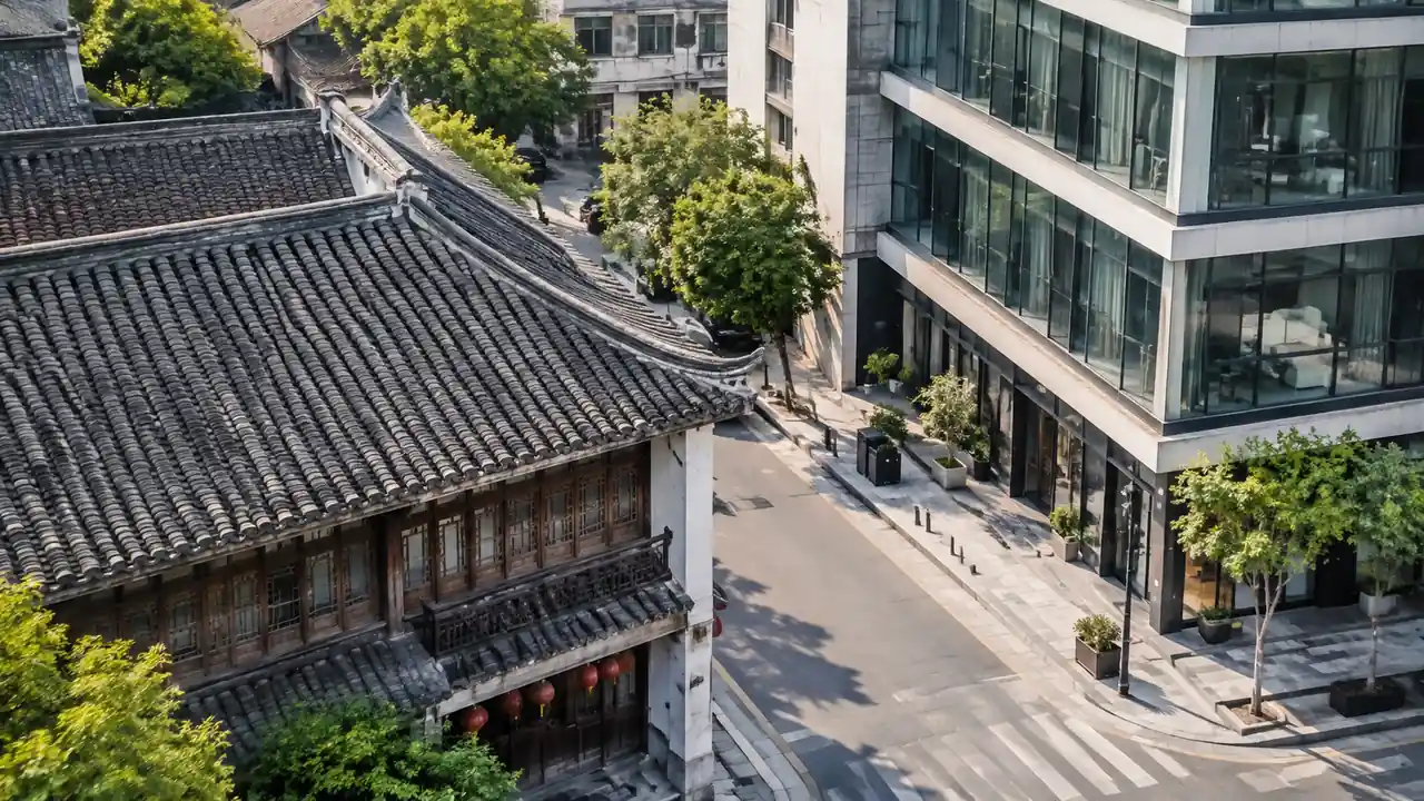 新旧建筑交界处低空斜拍场景,坡屋顶老建筑与现代楼宇、街巷尺度形成对比