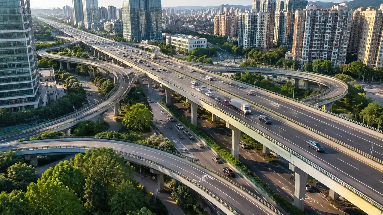 低空斜拍下的城市快速路立交与周边建筑群,主线、匝道与建筑的空间关系清晰