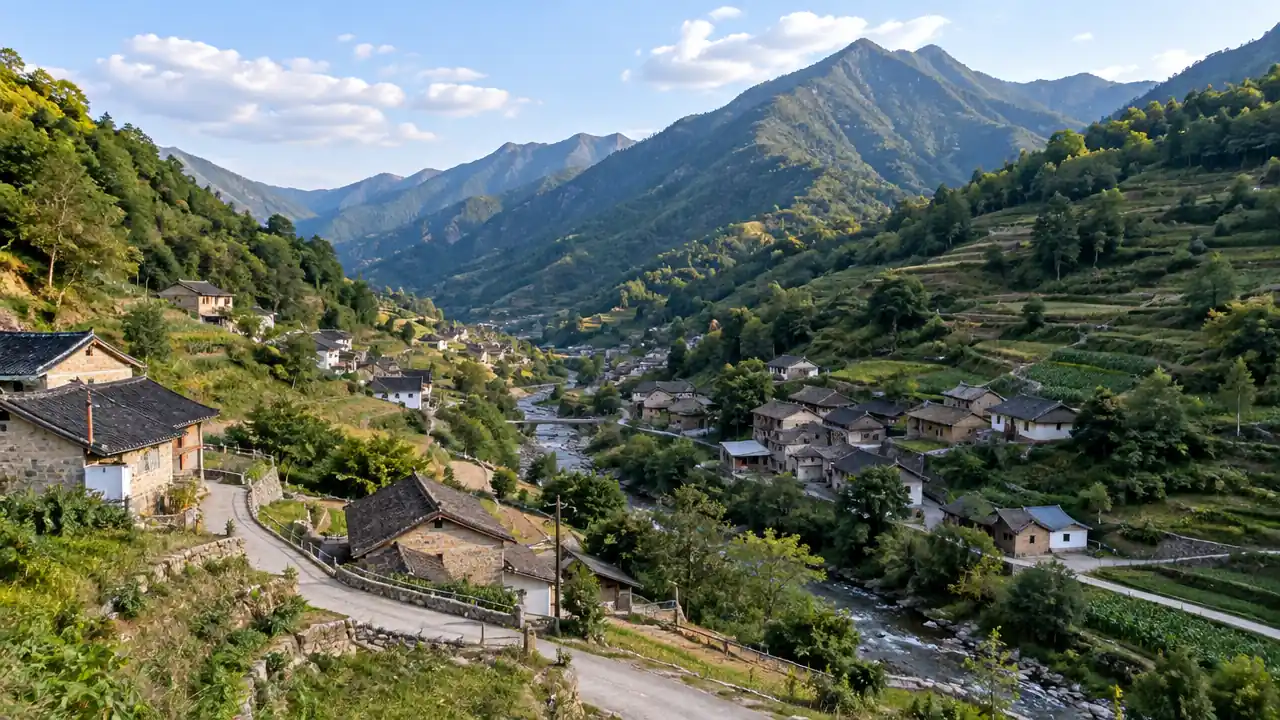 山谷村镇与周边坡地的低空视角场景
