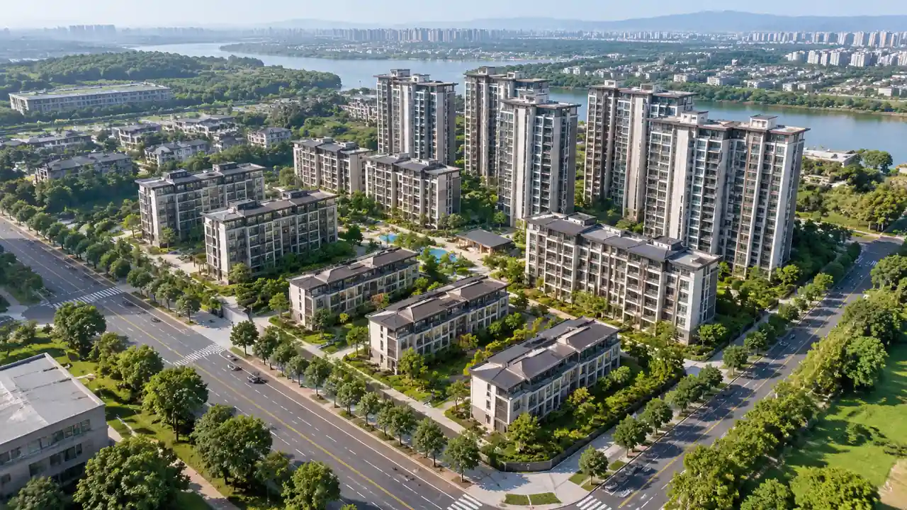成片住宅与城市道路的航拍