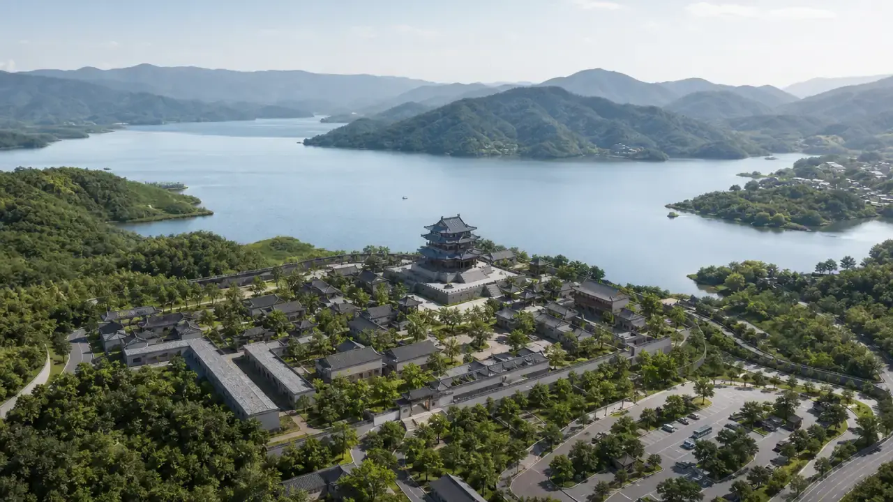 湖畔的传统建筑群与山体