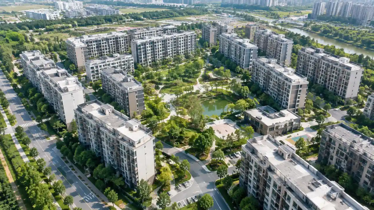 新建住宅片区航拍：成片住区、道路与绿化带